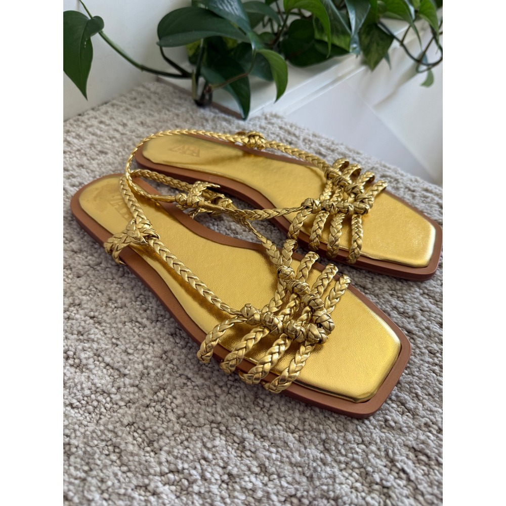 NEW Zara Braided Flat Sandals 40 Gold Metallic Square Toe Strappy Knotted Chic 9 - Picture 2 of 8